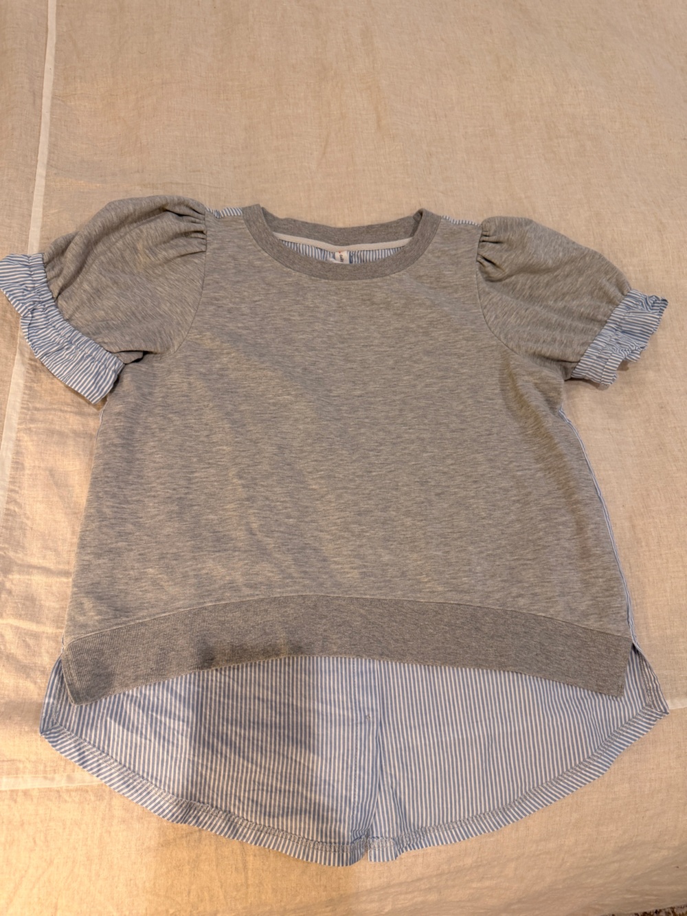 Girls Gray Puff Sleeve Layered Hem Top with Blue Stripe Trim